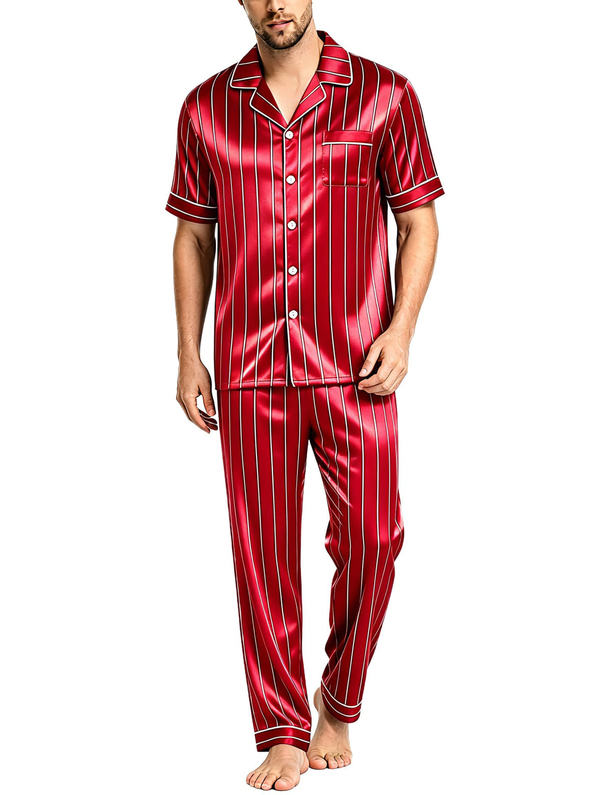 SWOMOG Mens Satin Pajama Set Short Sleeve Classic Sleepwear Button Down Silky Loungewear with Long Pants