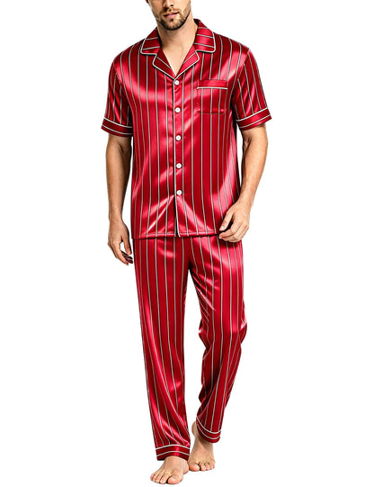SWOMOG Mens Satin Pajama Set Short Sleeve Classic Sleepwear Button Down Silky Loungewear with Long Pants