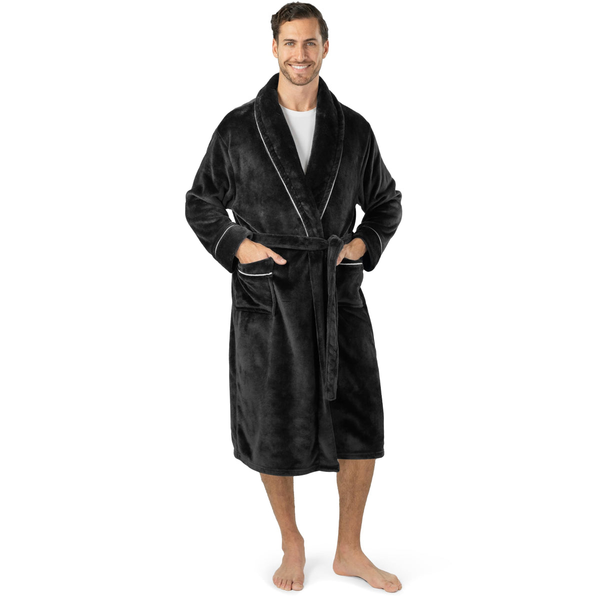 PAVILIA Soft Robe, Plush Warm Bathrobe for Men, Long Spa Bath Robe with Piping