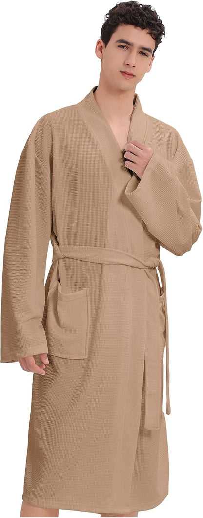 Mens Waffle Robe Spa Kimono Bathrobe Lightweight Shower Bath Robe Knee-Length Hotel Spa Robe
