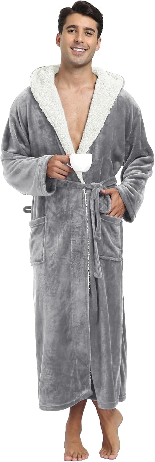 Mens Long Flannel Robes with Hood Plush Warm Bathrobes Cozy Fleece Spa Robe