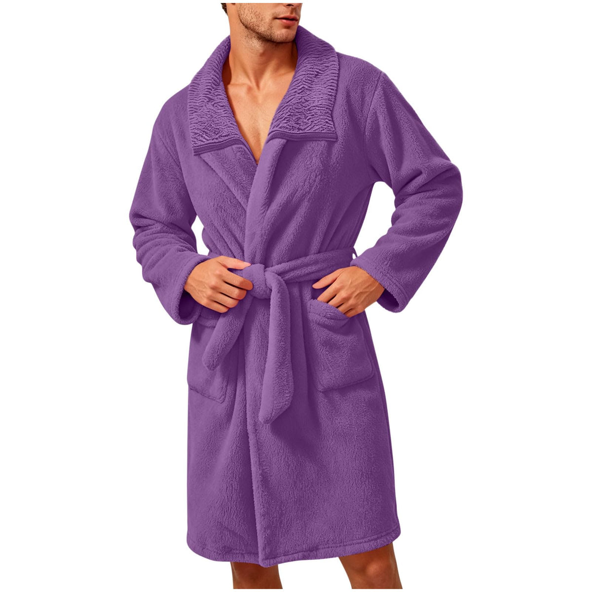 Robe for Men Fuzzy Fleece Collared Long Sleeve Thermal Bathrobe
