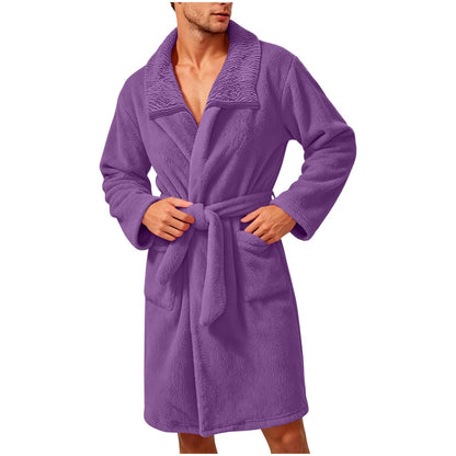 Robe for Men Fuzzy Fleece Collared Long Sleeve Thermal Bathrobe