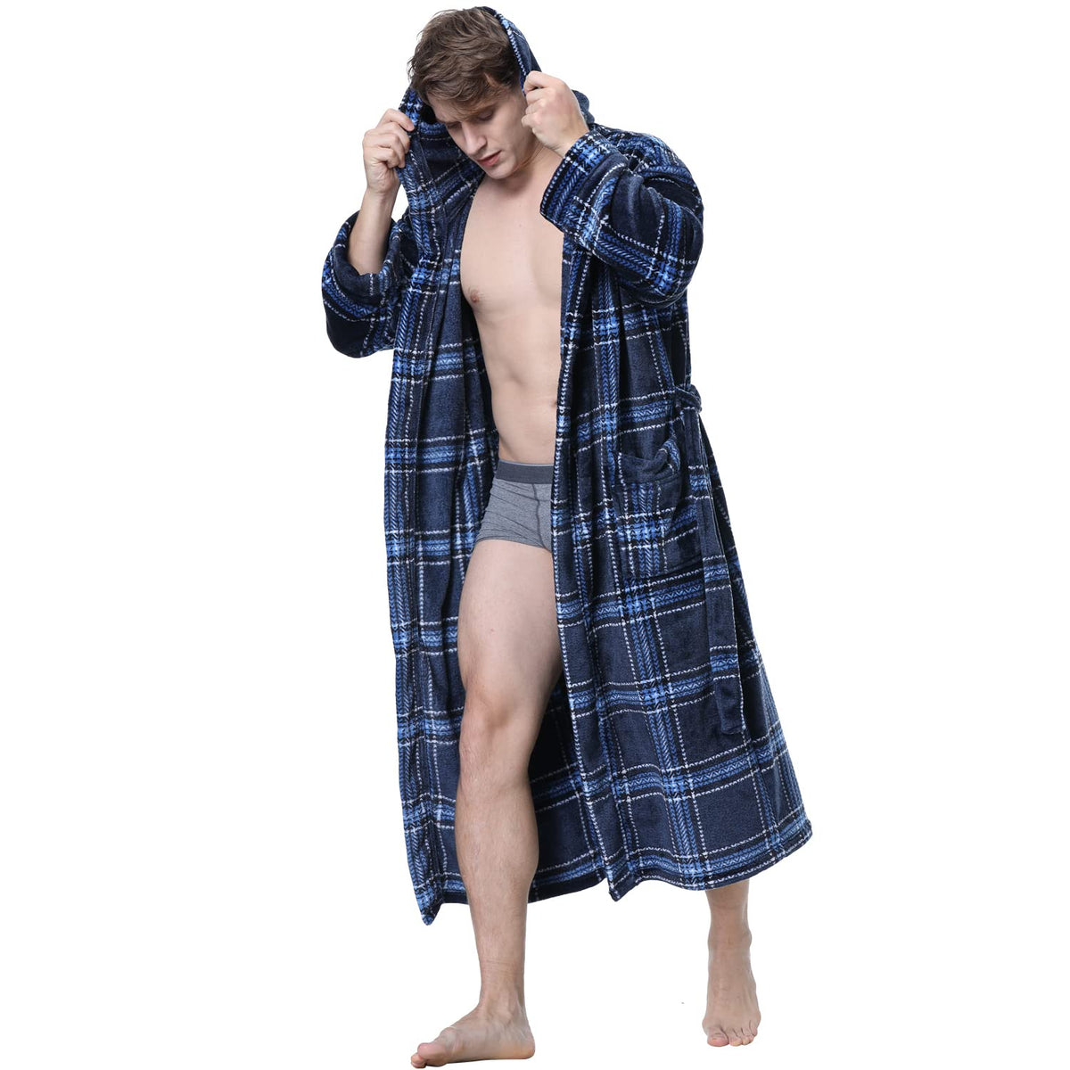 KEMUSI Hooded Herringbone Men's Soft Spa Full Lenght Bathrobe,Comfy Full Length Warm Nightdress