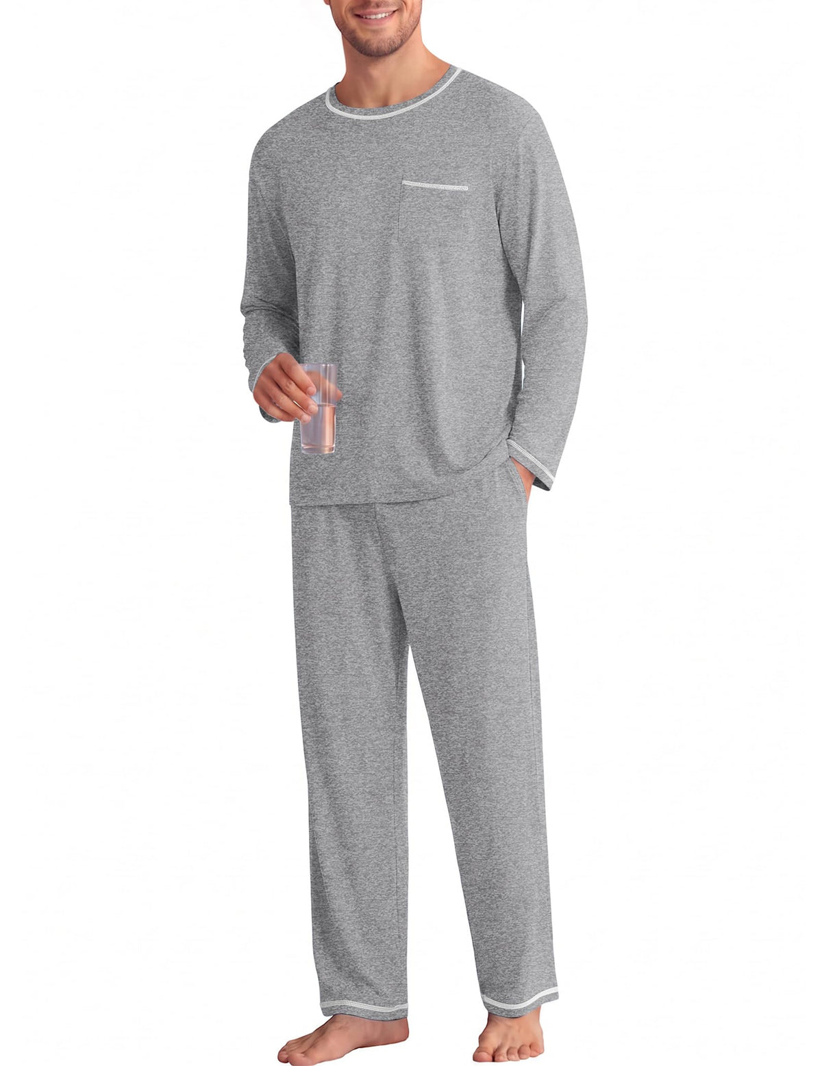 Ekouaer Mens Long Sleeve T-Shirt Pajama Set Soft 2 Piece Lounge Set