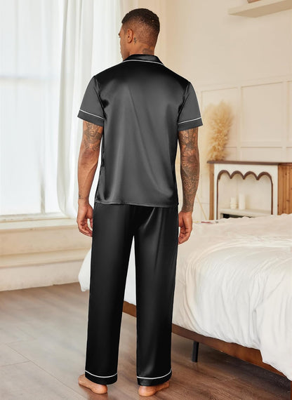 Ekouaer Mens Satin Pajama Set Short Sleeve Button Down Sleepwear with Pant