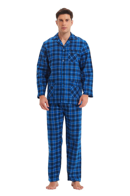 GLOBAL Men's Pajamas Sets 100% Cotton Flannel Sleepwear Long-Sleeve top & Bottom
