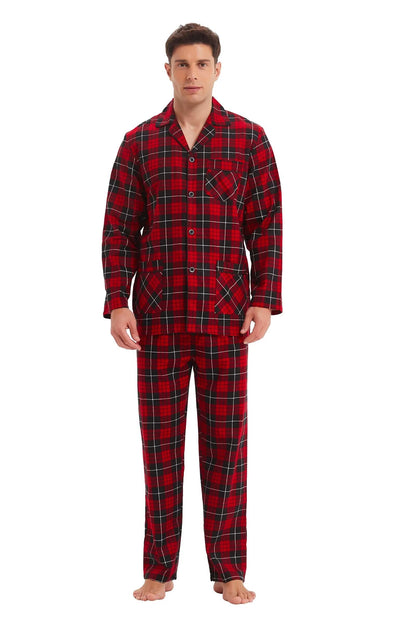 GLOBAL Men's Pajamas Sets 100% Cotton Flannel Sleepwear Long-Sleeve top & Bottom