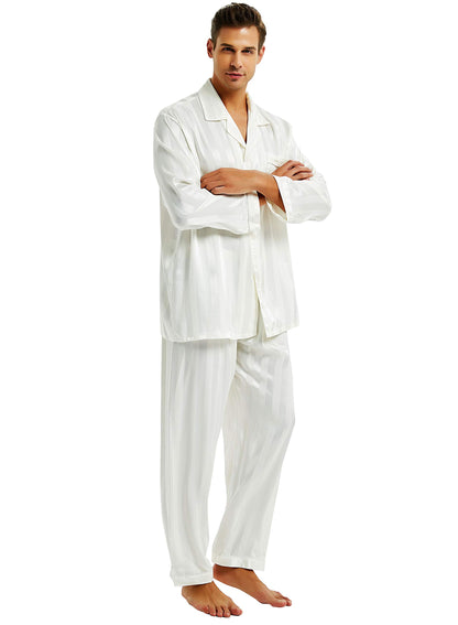 Lonxu Pajamas Set Mens Silk Satin Pajamas Long Sleeve Loungewear Two-Piece Sleepwear Button-Down Pj Set S-XXXXL
