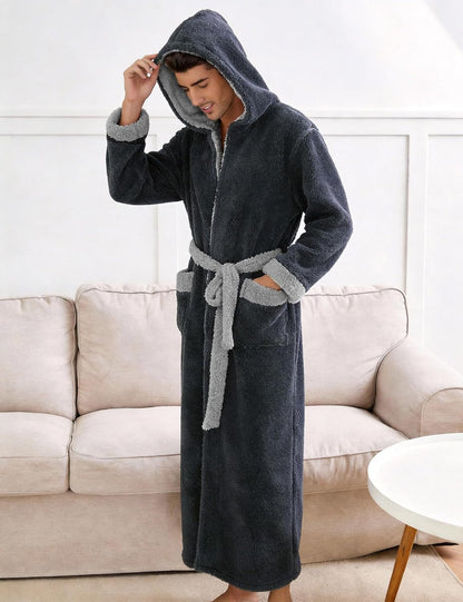 Kissonic Mens Hooded Robe Full Length Plush Warm Fluffy Winter Bathrobe
