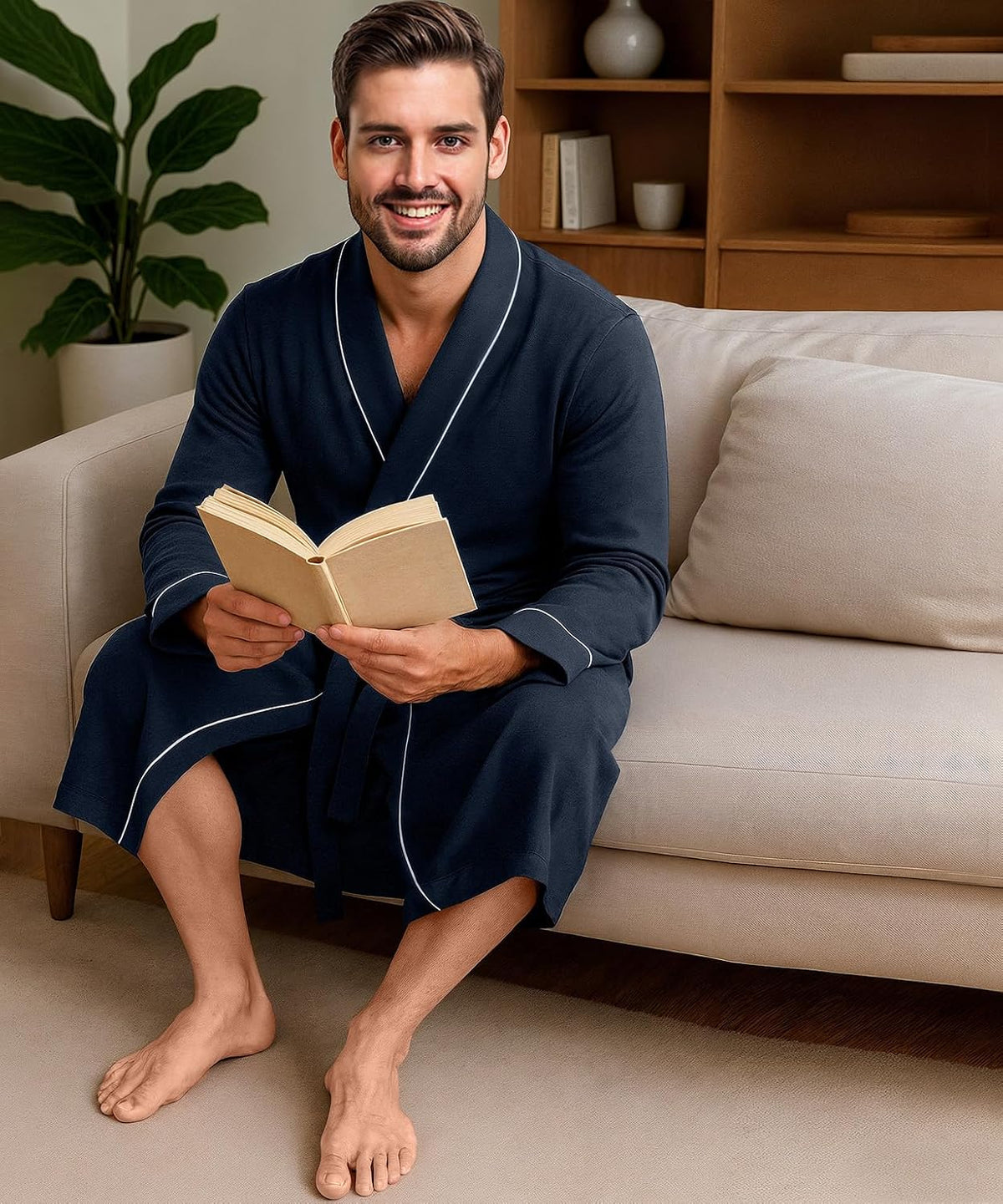 Cotton Blend Lightweight Knit Robe for Men Soft Loungewear Bathrobe