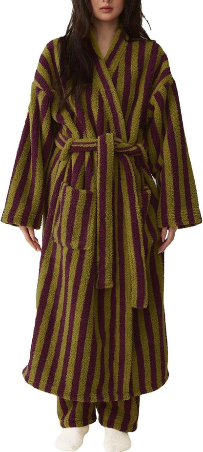 Arssm Womens Striped Fluffy Robe Long Plush Fuzzy Warm Bathrobes