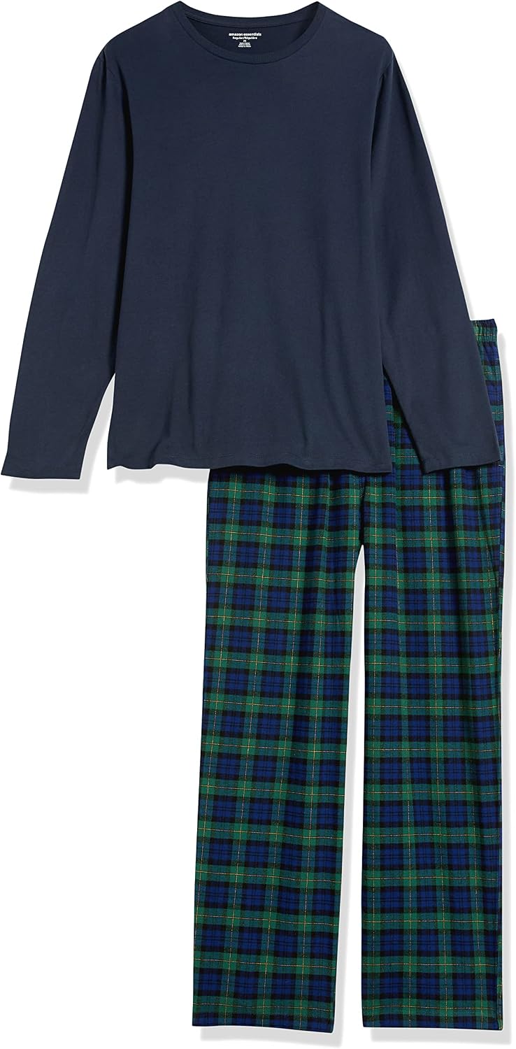 Amazon Essentials Men's 100% Cotton Flannel Pant and Long-Sleeve T-Shirt Pajama Set