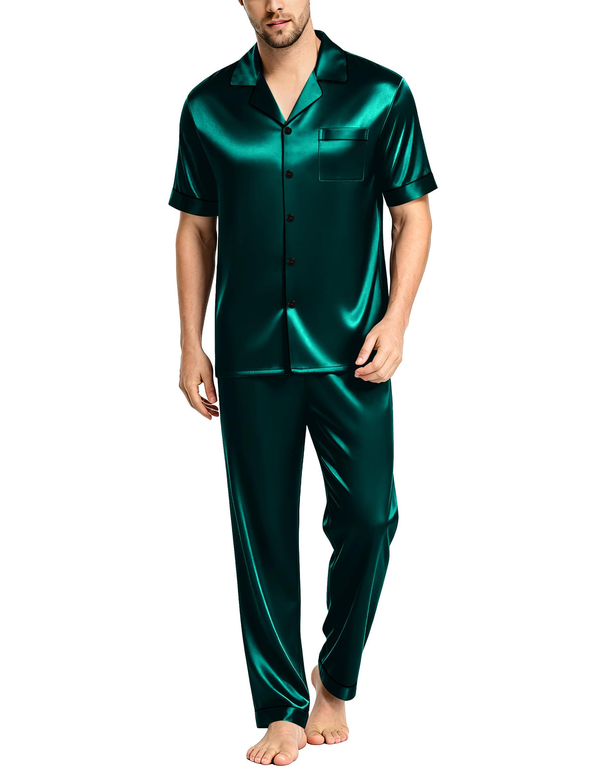 SWOMOG Mens Satin Pajama Set Short Sleeve Classic Sleepwear Button Down Silky Loungewear with Long Pants