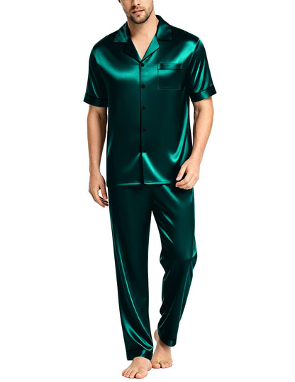 SWOMOG Mens Satin Pajama Set Short Sleeve Classic Sleepwear Button Down Silky Loungewear with Long Pants