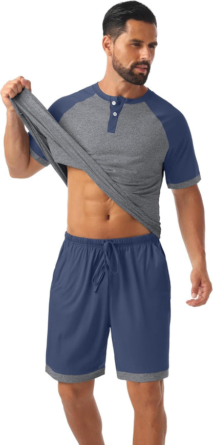 Men's Henley Pajama Sets 2 Piece Lounge Sleepwear Soft Sleep Summer Pjs