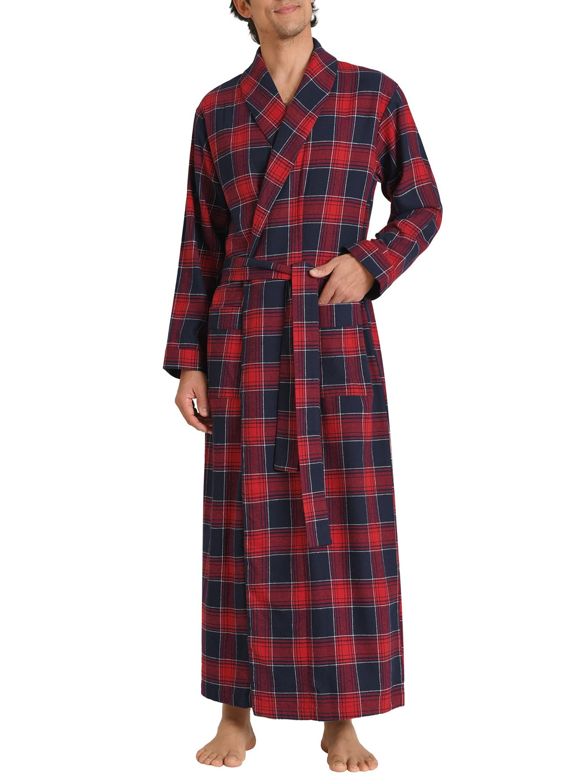 Latuza Men's Cotton Flannel Long Robe Full Length Plaid Bathrobe