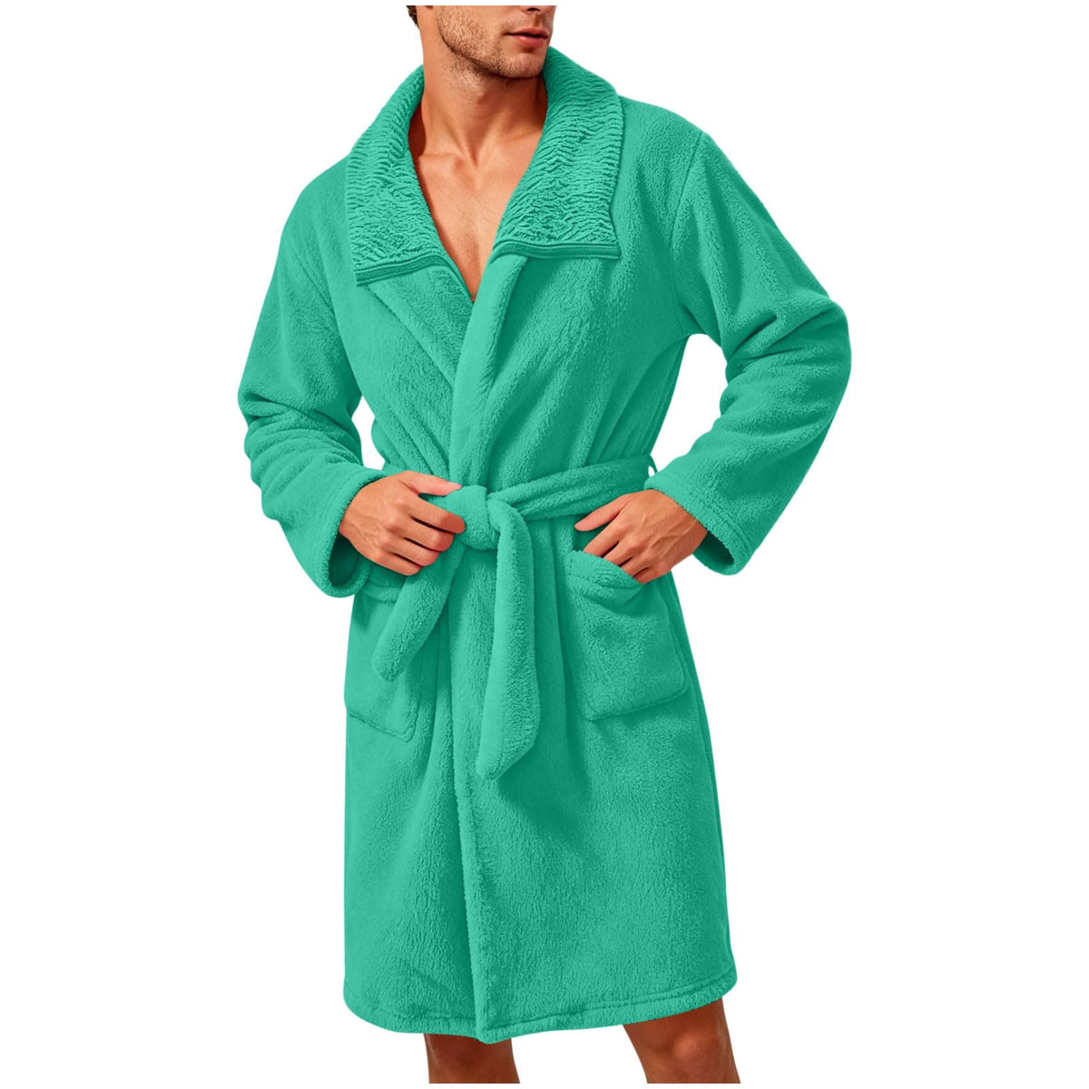 Robe for Men Fuzzy Fleece Collared Long Sleeve Thermal Bathrobe