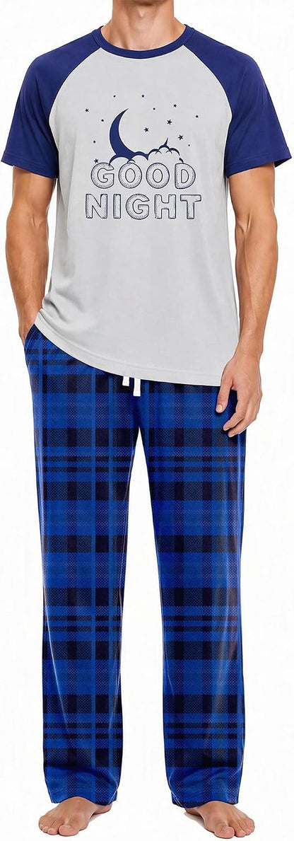 Mens Pajamas Set Soft Pjs Short Top Plaid Pants Sleepwear Loungewear Sets