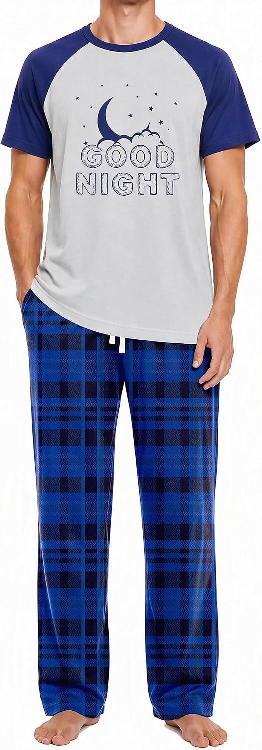 Mens Pajamas Set Soft Pjs Short Top Plaid Pants Sleepwear Loungewear Sets