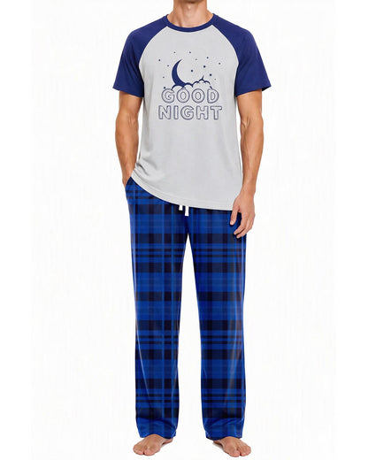 Mens Pajamas Set Soft Pjs Short Top Plaid Pants Sleepwear Loungewear Sets
