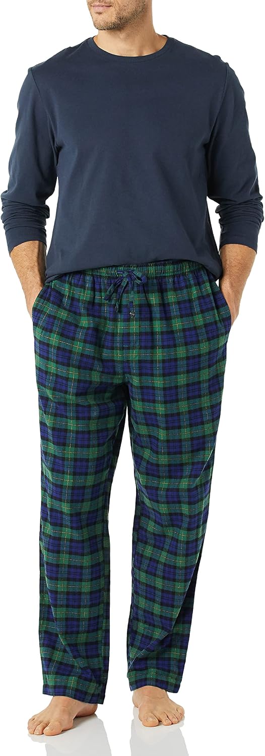 Amazon Essentials Men's 100% Cotton Flannel Pant and Long-Sleeve T-Shirt Pajama Set
