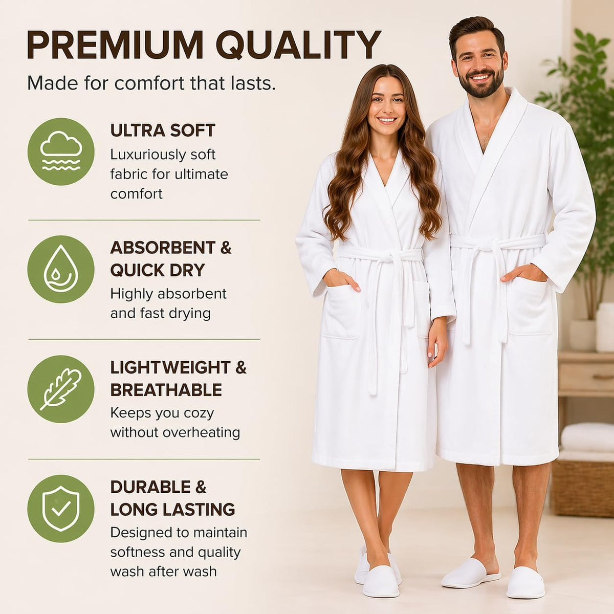 BIOLINEN 100% Cotton Terry Shawl Collar Bathrobe with Slippers