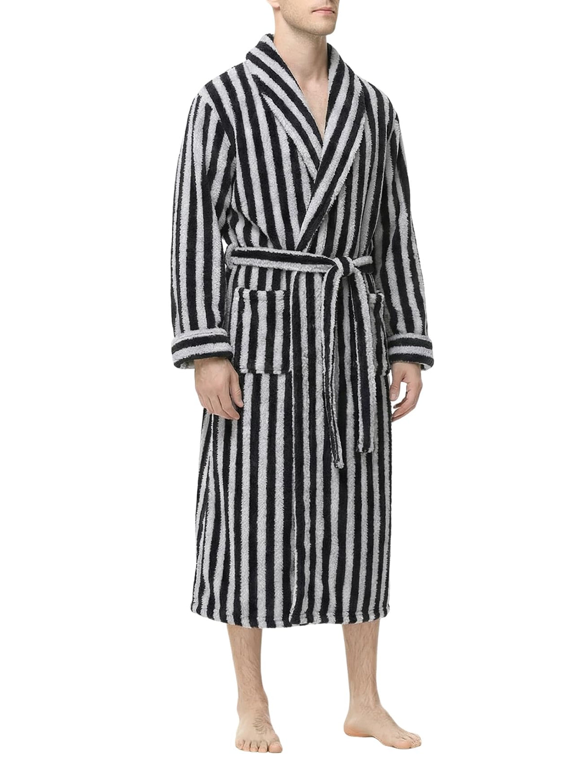 Gihuo Mens Striped Robe Long Fluffy Plush Bathrobe