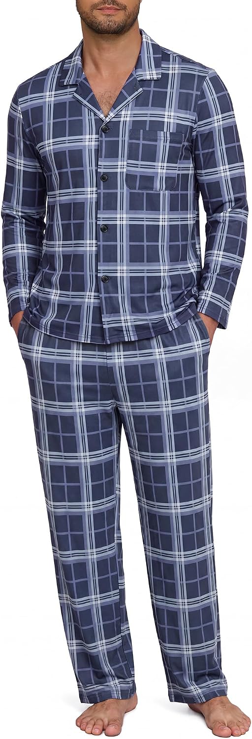 NITAGUT Mens Plaid Pajama Set Long Sleeve Button Down Casual Sleepwear