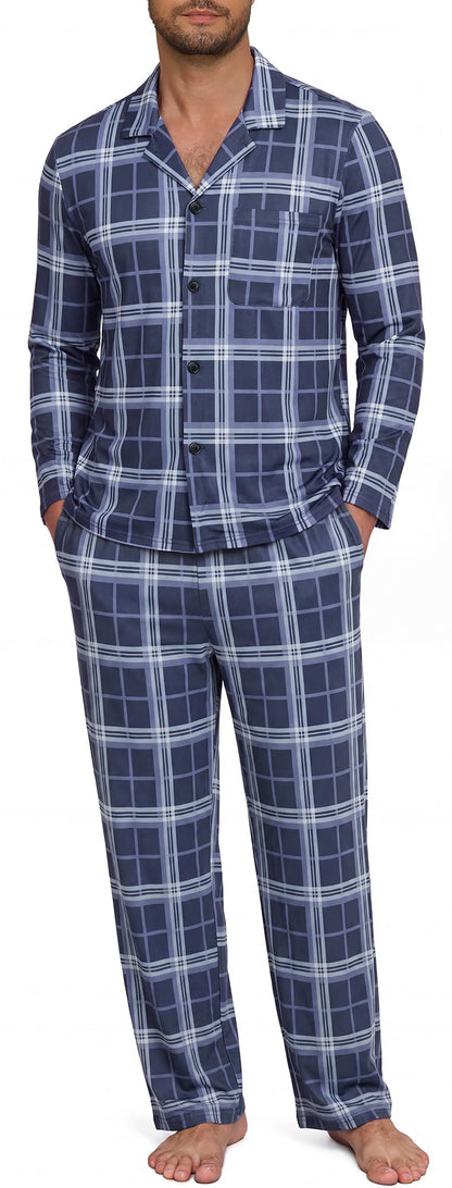 NITAGUT Mens Plaid Pajama Set Long Sleeve Button Down Casual Sleepwear