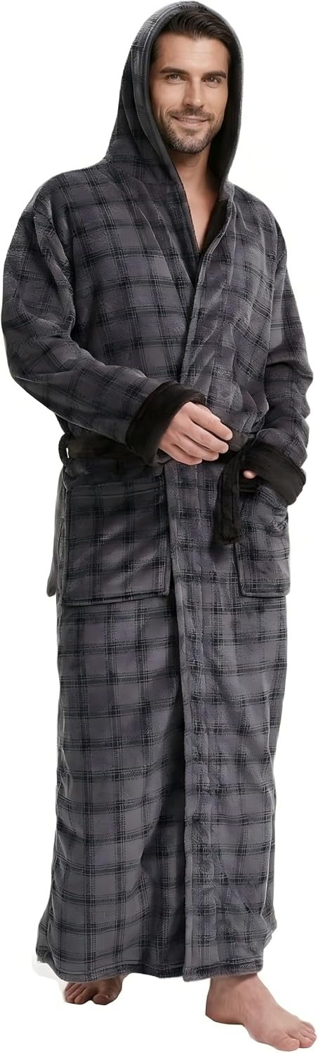 Cozy Plush Fleece Robe for Men, Big and Tall Hooded Long Robe, Warm Loungewear, Shawl Collar Pocketed Bathrobe