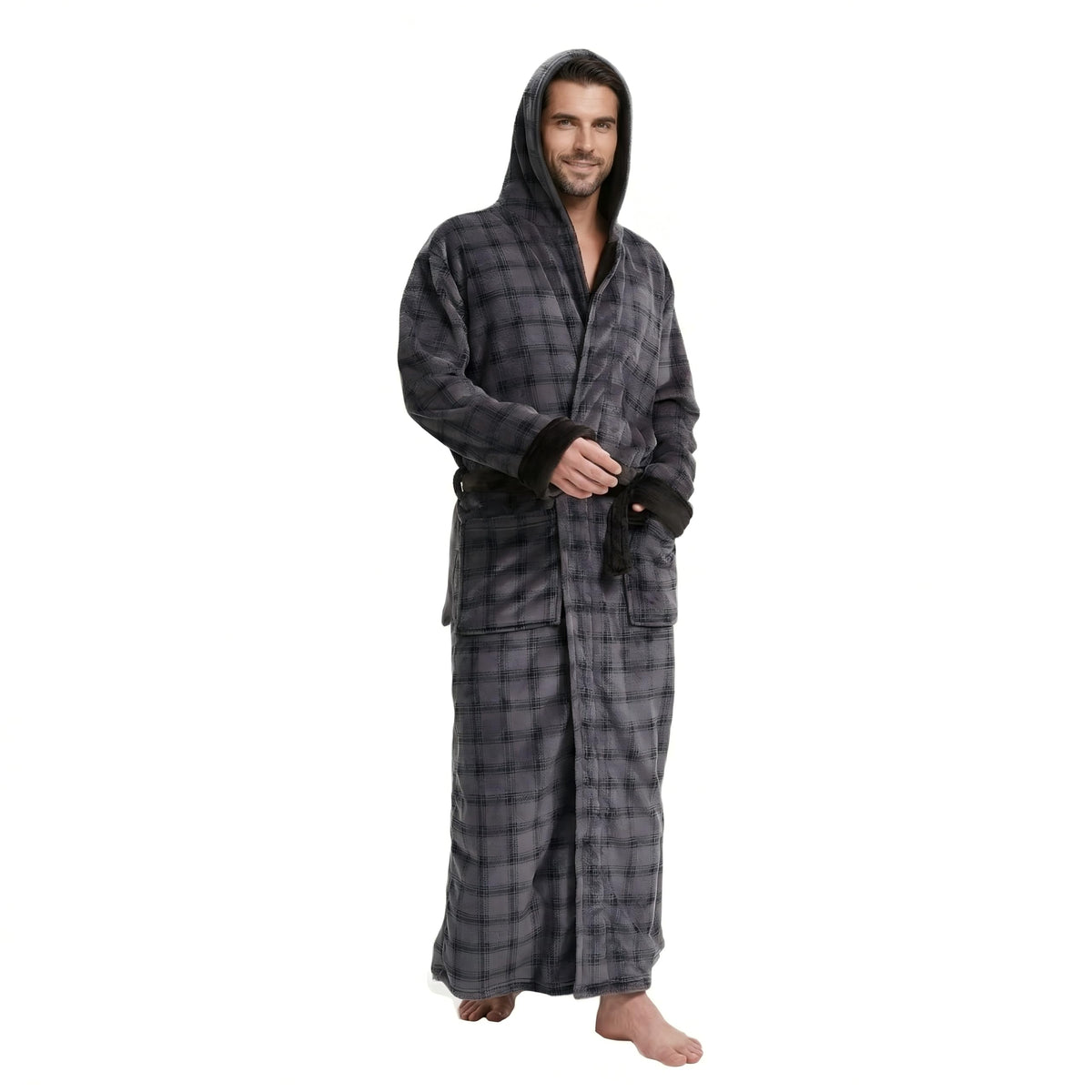 Cozy Plush Fleece Robe for Men, Big and Tall Hooded Long Robe, Warm Loungewear, Shawl Collar Pocketed Bathrobe