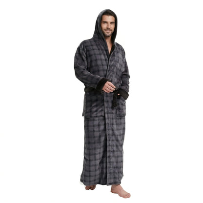 Cozy Plush Fleece Robe for Men, Big and Tall Hooded Long Robe, Warm Loungewear, Shawl Collar Pocketed Bathrobe