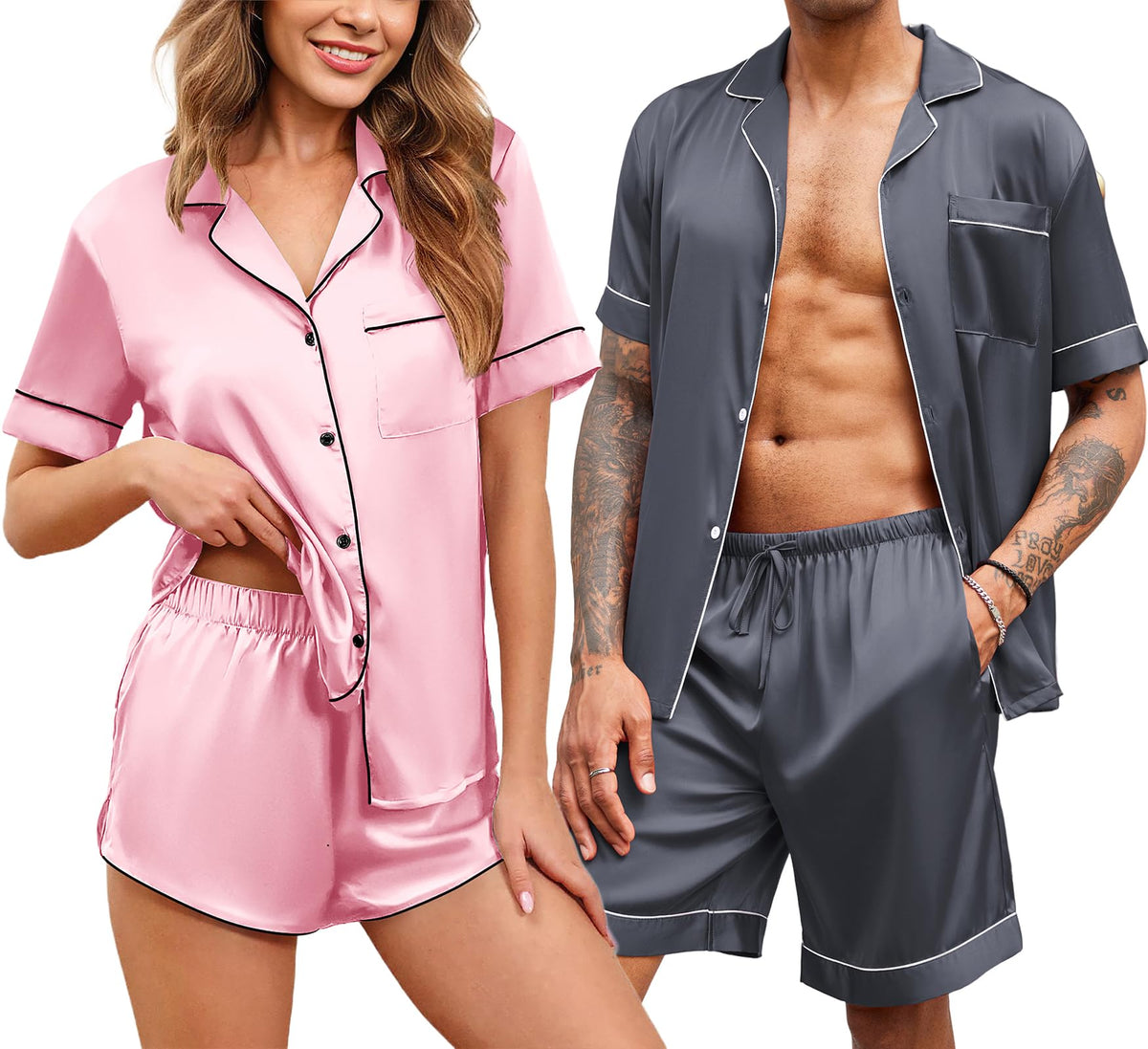 Ekouaer Couple Matching Pajamas Sets Silk Satin Button Sleepwear S-XXL