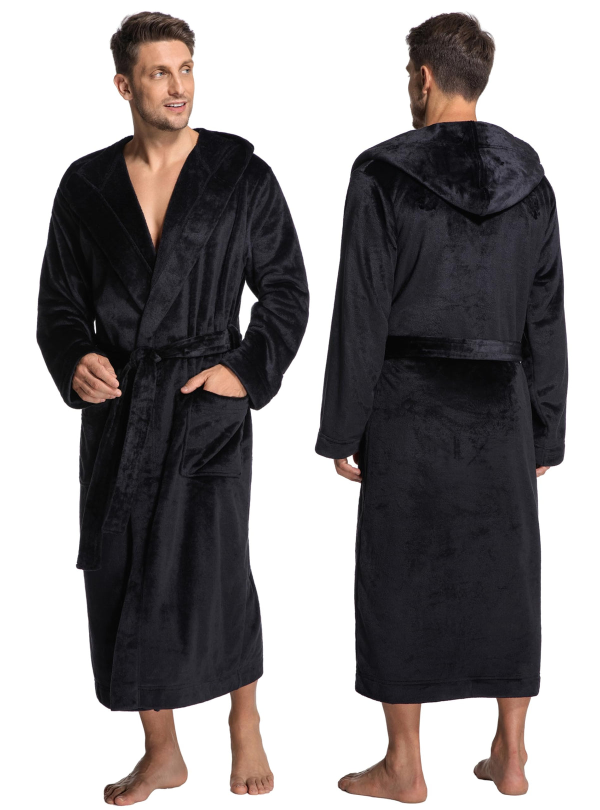 ToastyLife Mens Soft Plush Fleece Long Robe, Hooded Bathrobe with Pockets