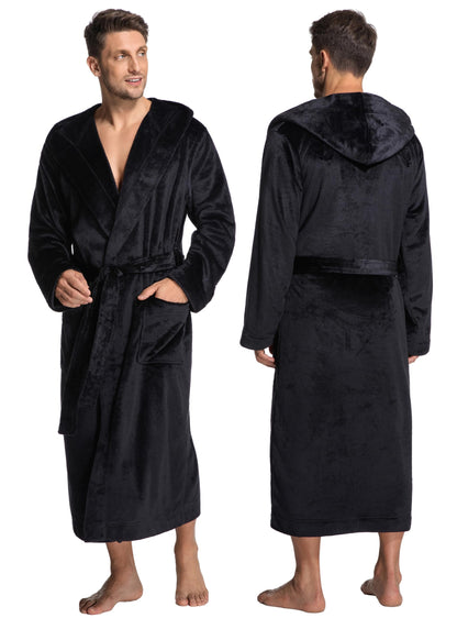 ToastyLife Mens Soft Plush Fleece Long Robe, Hooded Bathrobe with Pockets