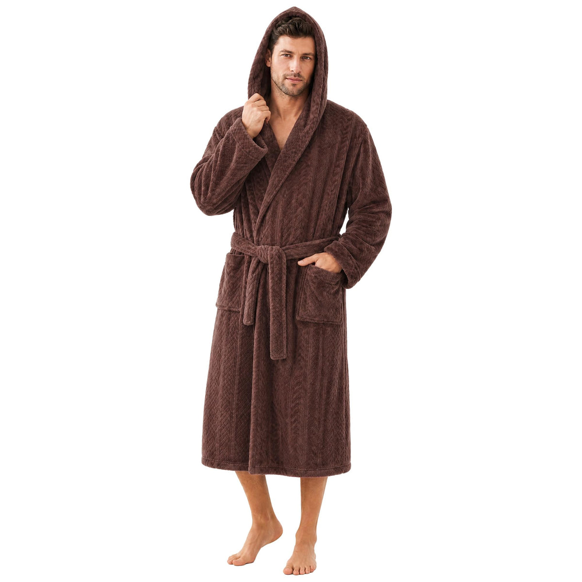 Mens Hooded Plush Robe, Ultra Soft Bathrobe for Men, Warm Cozy Fleece Robe with Pockets