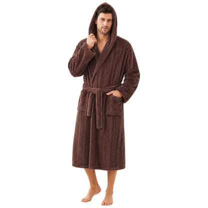 Mens Hooded Plush Robe, Ultra Soft Bathrobe for Men, Warm Cozy Fleece Robe with Pockets