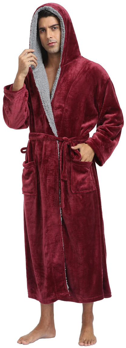 Mens Long Flannel Robes with Hood Plush Warm Bathrobes Cozy Fleece Spa Robe