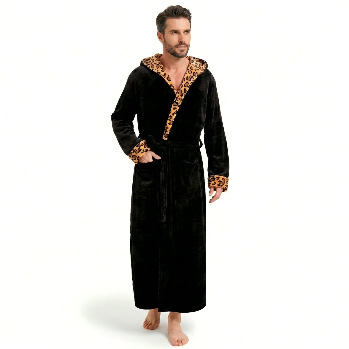 Cozy Plush Fleece Robe for Men, Big and Tall Hooded Long Robe, Warm Loungewear, Shawl Collar Pocketed Bathrobe