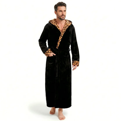Cozy Plush Fleece Robe for Men, Big and Tall Hooded Long Robe, Warm Loungewear, Shawl Collar Pocketed Bathrobe
