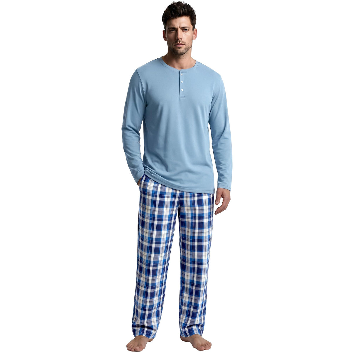 Vulcanodon Mens 100% Cotton Pajamas Set Cozy 2 Piece with Plaid Pants Pjs