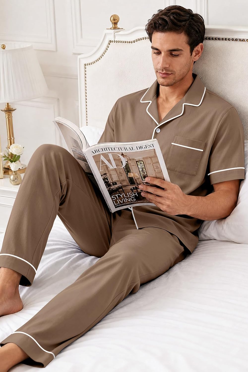 SWOMOG 100% Cotton Men Pajamas Set Button Down Short Sleeve Sleepwear Loungewear Pjs Set with Pockets