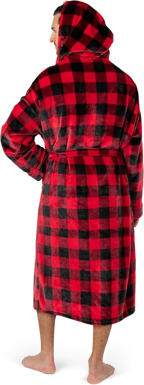 PAVILIA Mens Fleece Robe, Hooded Bathrobe with Shawl Collar, Pockets & Belt