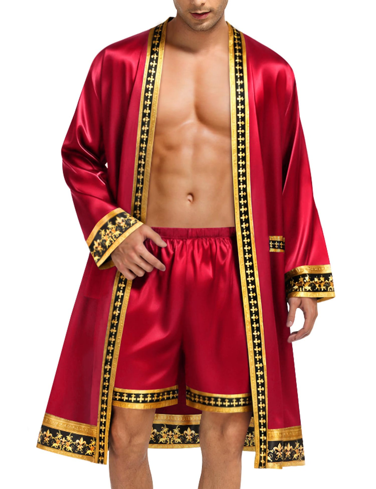 SWOMOG Men's Satin Robe with Shorts Set Silky Kimono Bathrobe Opulent Baroque Robes Lightweight Luxury Sleepwear