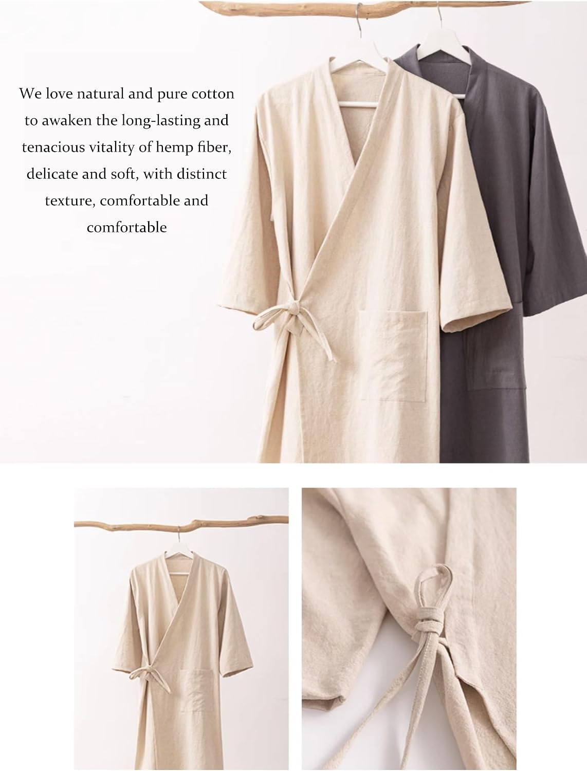 Men's Women's Cotton Linen Bathrobe Couples Japanese-Style Absorbent Quick-Drying Kimono Yukata Sauna Robe