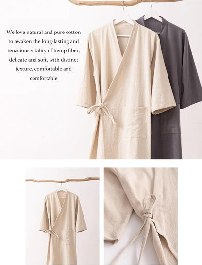 Men's Women's Cotton Linen Bathrobe Couples Japanese-Style Absorbent Quick-Drying Kimono Yukata Sauna Robe