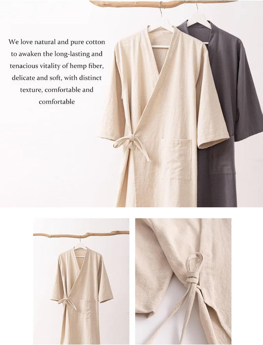 Men's Women's Cotton Linen Bathrobe Couples Japanese-Style Absorbent Quick-Drying Kimono Yukata Sauna Robe