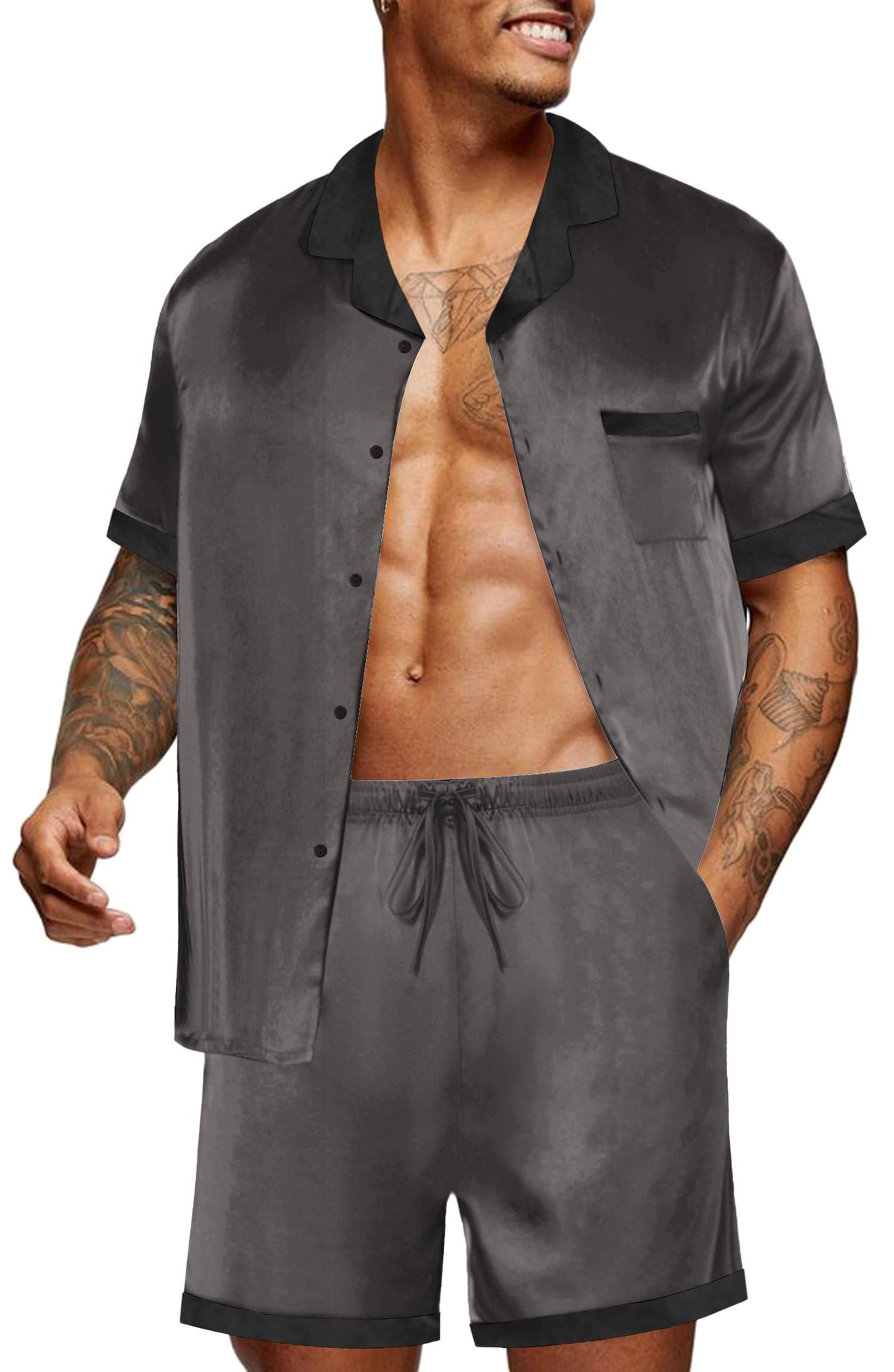 Ekouaer Men Silk Pajamas Set 2 Pieces Satin Pj Button Down Loungewear Sets