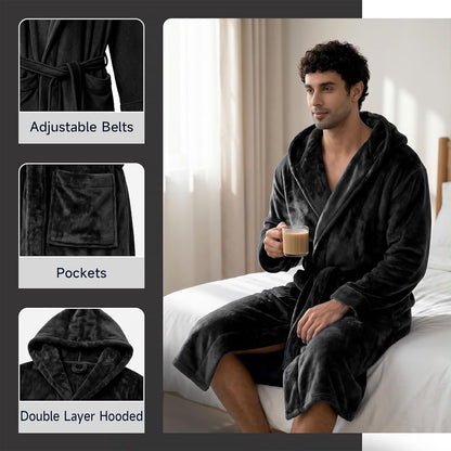 Men's Hooded Robe, Premium Plush Warm Bathrobe